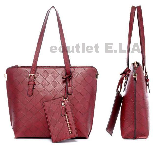 LARGE 40CM WINE RED DIAMOND PATTERN HANDBAG+PURSE